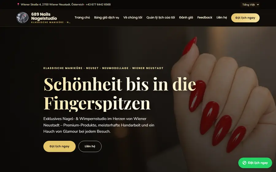 Web tiệm nail 689 Nails Nagelstudio — khách tự đặt lịch trên web