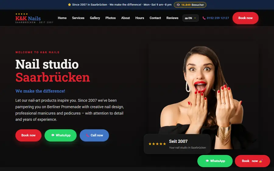 Web tiệm nail K&K Nails Saarbrücken — đặt lịch, WhatsApp, gọi điện