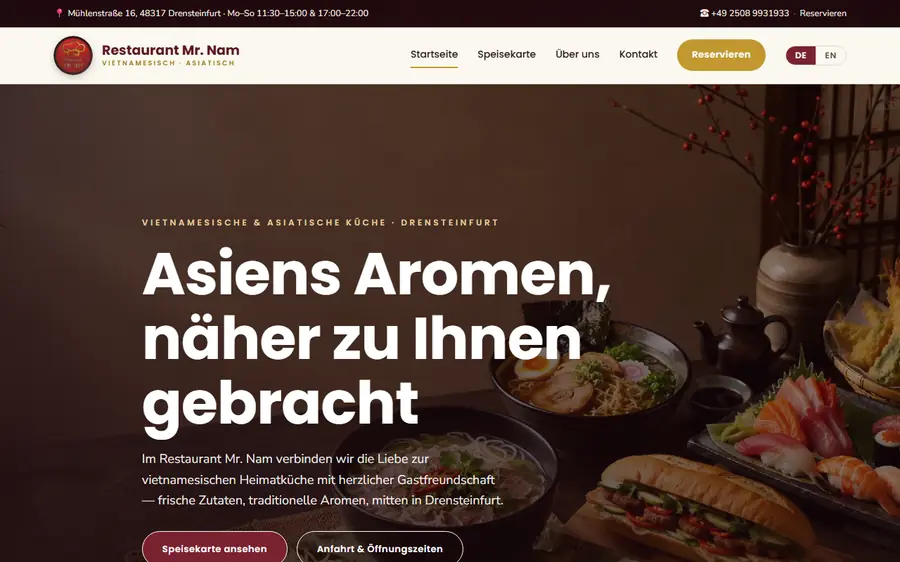 Web nhà hàng Mr. Nam — thực đơn online và đặt bàn