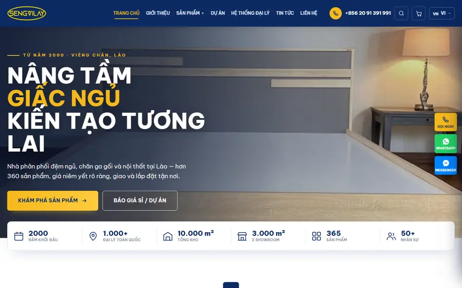 Web doanh nghiệp Sengvilay Furniture Group — cửa hàng online 365 sản phẩm, form báo giá sỉ
