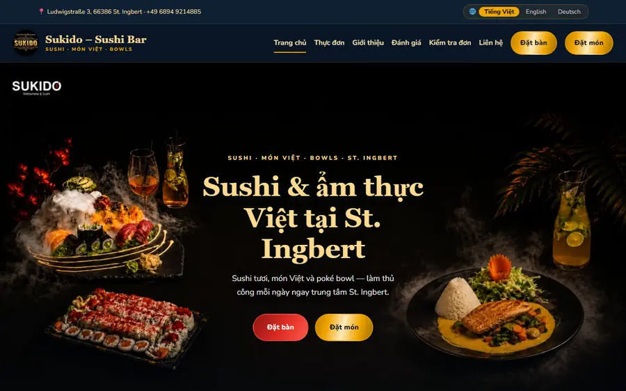 Web nhà hàng Sukido Sushi Bar — đặt món và gọi món tại bàn