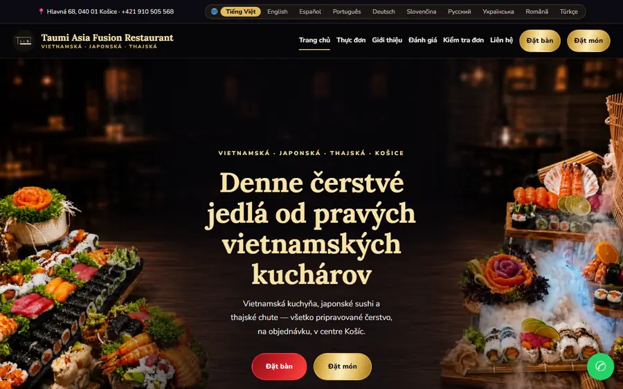 Web nhà hàng Taumi Asia Fusion — đặt bàn tự động và đặt món online